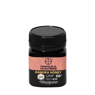 Manuka Hunters UMF 20+/MGO 830+ Certified New Zealand Manuka Honey - 100% Pure Natural Sweetener - Gluten, Dairy Free - Ideal for Tea, Coffee, Smoothies, and Baking - Sustainable - 125g/85ml Jar