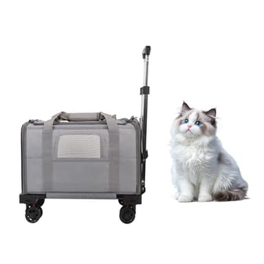Pet Carrier with Wheels - Soft-side Wheeled Cat Carrier for Dogs with Telescopic Handle, Collapsible Rolling Pet Travel Bag Carrier for Large Cats Small Medium Dogs for Camping Vet Visiting Light Grey