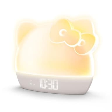 Hello Kitty Sunrise Alarm Clock with Color-Changing RGB LED Night Light – Ambient Lighting, Time/Date/Temperature Display, USB Powered w/Device Charging, White