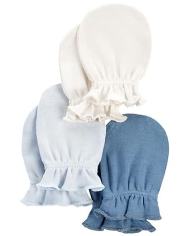 Carter's Baby Girls' 3-Pack Scratch Mittens Set (Blue/Ivory, 0-3 Months)
