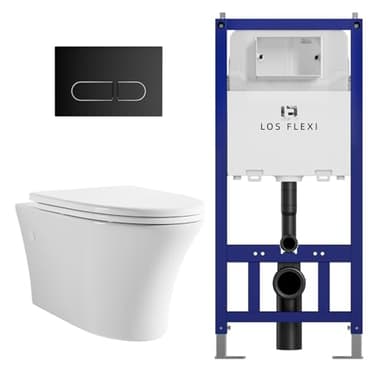 Comfort & Elongated Wall Hung Toilet System, Los Flexi Wall Mounted Toilet with Adjustable Floating Toilet Bowl, Durable In-Wall Toilet Tank Carrier, Soft-Close Seat & Dual-Flush Push Plate Included
