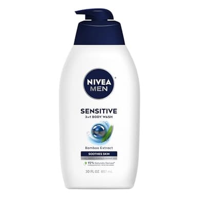 NIVEA MEN Sensitive Body Wash with Bamboo Extract, Moisturizing Body Wash for Sensitive Skin, Soap Free Shower Gel for Men with No Drying Alcohol, 30 Fl Oz Bottle