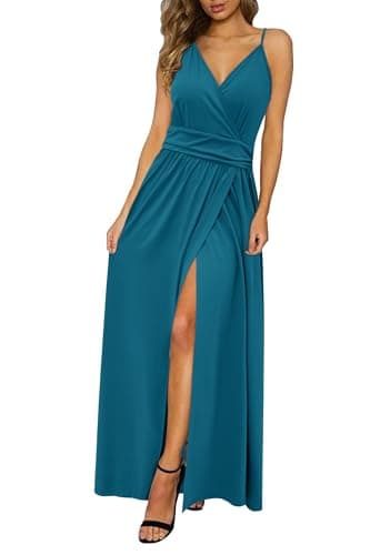 Newshows Women's 2026 Summer Maxi Dress Spaghetti Strap Spring Casual Boho V Neck Split Beach Long Flowy Wedding Guest Dresses Semi Formal Fashion Trendy(Teal Blue,S)