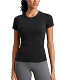 CRZ YOGA Seamless Workout Tops for Women Short Sleeve Athletic Tees Breathable Gym Running Yoga Shirts Black Medium