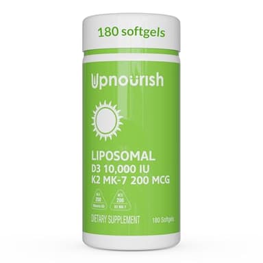 UpNourish Liposomal D3 K2 Vitamin 10000 IU D3 and K2 MK-7 200 mcg - 180 Vitamin D3 k2 (Vitamina D3 con K2) Mini Softgels - Easy to Swallow K2 D3 Vitamin