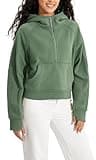 ODODOS Half-Zip Hoodies for Women Fleece Lined Cropped Sweatshirts Pullover Long Sleeve Sweater Thumb Hole, Medium Olive, X-Small