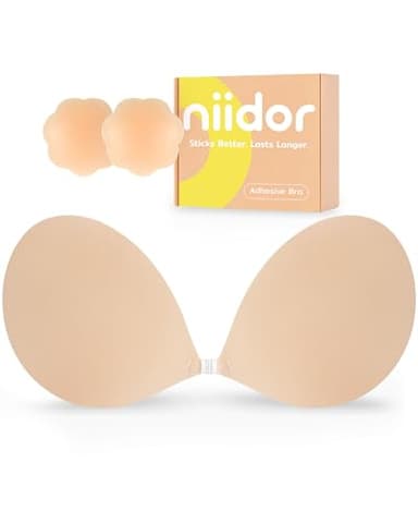 Niidor Adhesive Bra Strapless Sticky Invisible Push up Silicone Bra for Backless Dress with Nipple Covers Nude(B Cup)