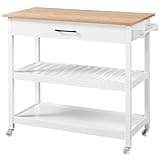 Yaheetech 40" Width Kitchen Island Cart on Wheels, 3 Tiers Rolling Utility Cart with Solid Wood Top and Drawer & 2 Spacious Storage Shelf, Serving Trolley for Dining Room, White