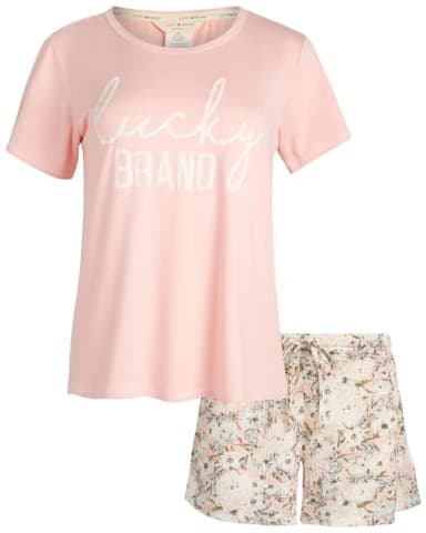 Lucky Brand Women's 2 Piece Pajama Set - Roll Sleeve T-Shirt and Shorts - Sleepwear Set for Women, Small, Peach