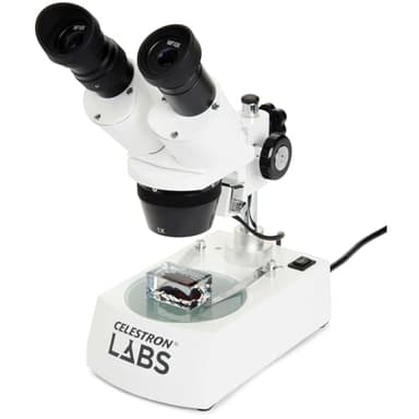 Celestron Labs Stereo Microscope – 10-60x Magnification – Upper and Lower LED Illumination – Includes 2 Viewing Plates and 4 Specimen Blocks