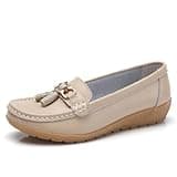 Women's Genuine Leather Platform Loafers Classic Casual Comfort Slip-On Shoes Soft Sole Dress Shoes,Beige EU43=10 M US
