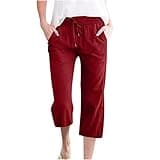 Palazzo Pants for Women Capri Pants Casual 2023 Summer Drawstring Elastic High Waist Linen Pant Straight Wide Leg Cropped Trouser