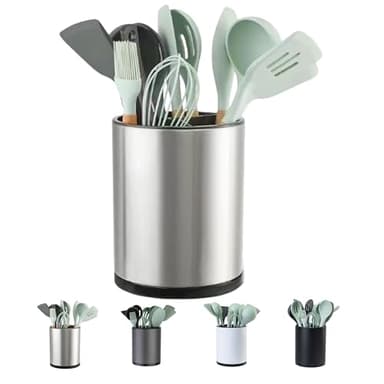 LIBODOUR Kitchen Utensil Holder Extra Large 360°Rotating For Counter Organizer Stainless Steel Storage Cooking Silverware Caddy 3 Compartment Flatware Spoon Spatula Tool Cutlery Container（Silvery）