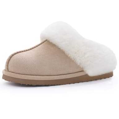 Litfun Fuzzy House Slippers for Women Fluffy Memory Foam Suede Slippers with Faux Fur Collar Indoor Outdoor, Apricot, Size 7.5-8