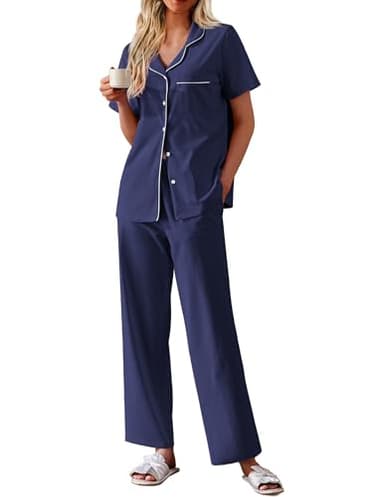 Ekouaer Women's 100% Cotton Pajamas Set Short Sleeve Button Down Pjs 2 Piece Soft Sleepwear with Long Pants Lounge Set Navy Blue Medium