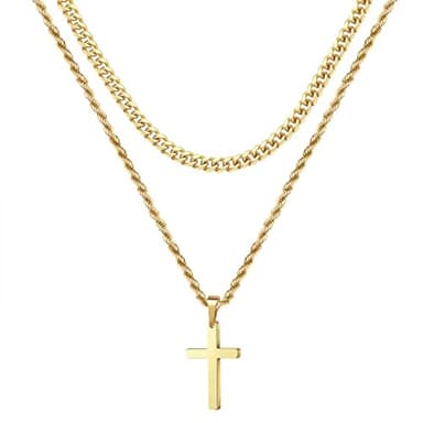 Ursteel Mens Gold Cross Necklace - 18K Gold Plated Cross Chain Necklace for Men Layered Rope Chain Pendant Jewelry 18 20 Inch Gifts for Him