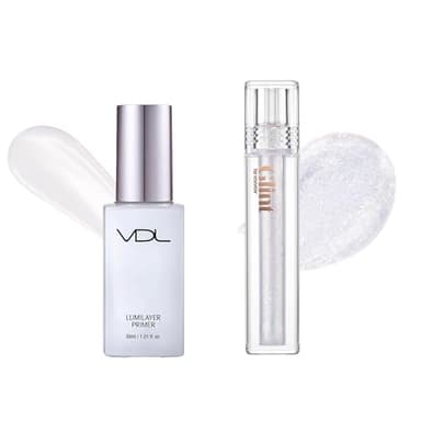 VDL Lumilayer Primer (Glowy Finish, 1.01fl oz) & Glint Liquid Gel Highlighter (Glitter Veil, 0.1oz) - Illuminating Pearl Makeup Base for Glowing Skin. ulti-Use Face & Body Gloss for Smooth Glow, Long-
