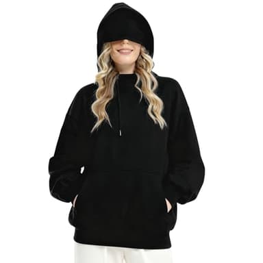 Eocicvvi Unisex Hoodie with Eye Mask&Hidden Pockets Fleece Travel Sweatshirt Long Sleeve Pullover Winter Fall Couples Black
