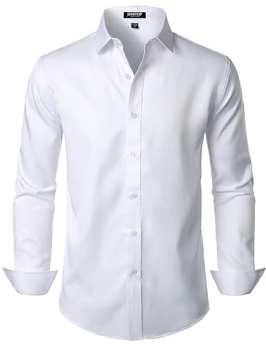 JEMITOP Men's Stretch Wrinkle Free Dress Shirts Formal Wedding Prom Long Sleeve Button Down Shirt Solid White L