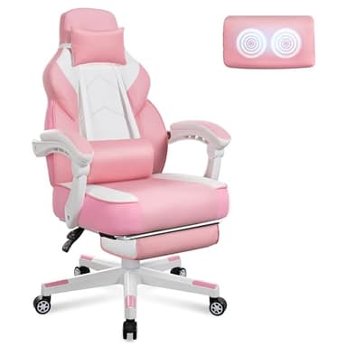 Meilocar Big and Tall Gaming Chair for Adults, 330lbs Heavy Duty Computer Chair with Footrest & Massage Lumbar Support, Wide Seat High Back Reclining Desk Chair, Pink