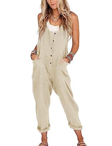 Yeokou Womens Overalls Linen Cotton Jumpsuits Loose Casual Jumpers with Pockets(Beige-Medium-new1)
