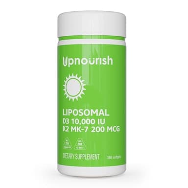 UpNourish Liposomal D3 K2 Vitamin 10000 IU D3 and K2 MK-7 200 mcg - 365 Vitamin D3 k2 (Vitamina D3 con K2) Mini Softgels - Easy to Swallow K2 D3 Vitamin Supplement