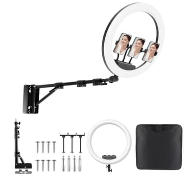 19'' Ring Light Wall Mount with Phone Holder, 45.7" Triangle Boom Arm Wall Mounted Light Stand, 360° Rotatable Studio Lighting for Live Streaming, Photography, Salon, Barber, Beauty, Tattoo