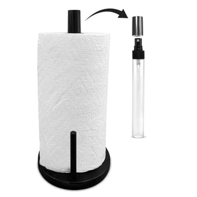 BLUJAYE 2 in 1 Paper Towel Holder with Spray Bottle - Matte Black Paper Towel Holder Countertop & Spray Bottle - Rust-Resistant Metal Base Standing Paper Roll Mount for Kitchen, Bathroom & Garage
