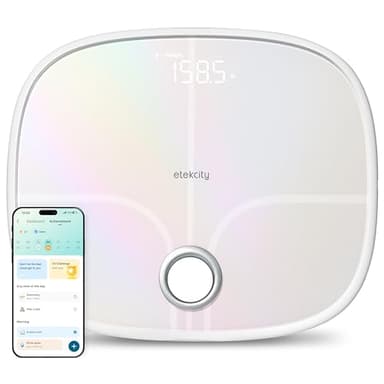 Etekcity Smart Rechargeable Scale for Body Weight, BMI, Fat, Muscle Mass, Digital Bathroom Scale with 13 Metrics, Secret Mode, Bluetooth Connect to Free Apps, Rainbow White