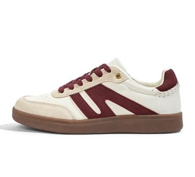 LUCKY STEP Women Classic Retro Gum Sole Fashion Sneakers Casual Tennis Skate Shoe Genuine Leather Walking Footwear Anti Slip Trainers(Beige/Red,10)