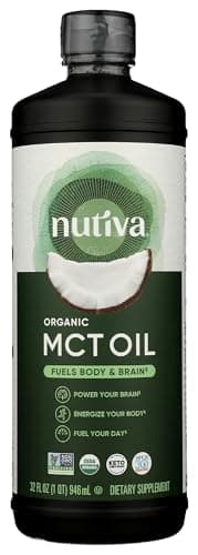 Nutiva Organic MCT Oil, Unflavored, 32 Oz, USDA Organic, Non-GMO, Non-BPA, Whole 30 Approved, Vegan, Gluten-Free & Keto, 14g MCT per Serving & Neutral Flavor for Energy Boost to Coffee, Shakes and Salads
