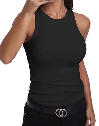 GEMBERA Womens Sleeveless Racerback High Neck Basic Ribbed Knit Fitted Tank Top Black M
