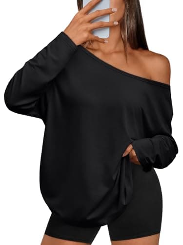 Trendy Queen Womens Tops Oversized Tshirts Off The Shoulder Long Sleeve Shirts One Shoulder Fall Outfits 2026 Casual Basic Tees Asymmetrical Going Out Y2K Cute Fashion Clothes Black L