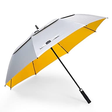 Doubwell UV protection golf umbrella 62/68 Inch UPF 50+ large umbrella automatic open windproof sturdy construction shade for blocking sun and rain (62 inch, Silver/Yellow)