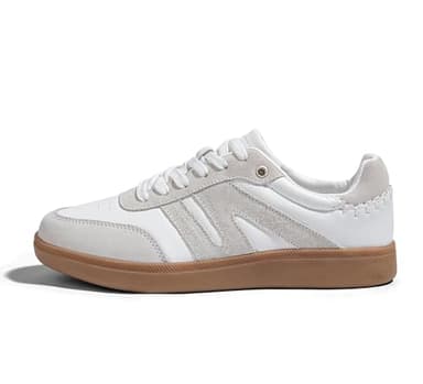 LUCKY STEP Women Classic Retro Gum Sole Fashion Sneakers Casual Tennis Skate Shoe Genuine Leather Walking Footwear Anti Slip Trainers(White/Grey,10)
