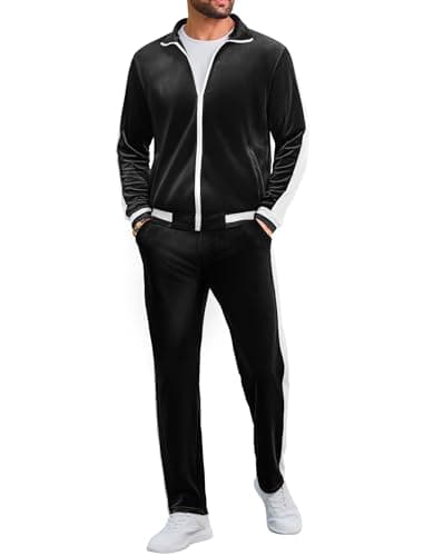 Vssjavun Mens 2 Piece Tracksuit Velour Track Suits Casual Sweatsuit Long Sleeve Jogging Suits Set Black XX-Large