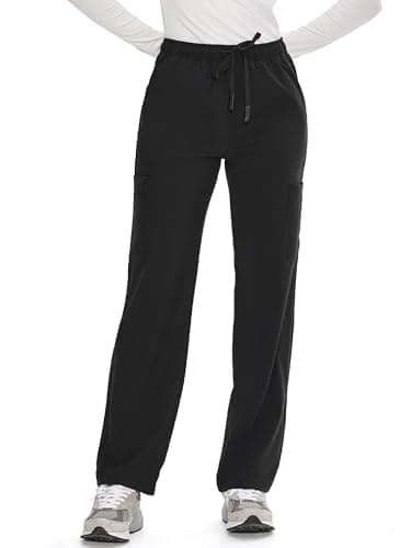 COZYFIT Straight Leg Scrub Pants for Women, Drawstring Soft Stretch, Anti-Wrinkle Women's Scrub Pants with 6 Pockets,Black,M