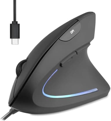 Perixx PERIMICE-513C Wired Vertical USB-C Mouse, 6 Buttons, Adjustable 1000/1600 DPI, Right-Handed, 5.9ft Cable, Black