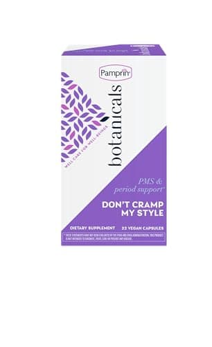 Pamprin Botanicals Supplement for PMS & Period Support, with Ashwagandha, Magnesium, Turmeric, Vitamin B6, Chasteberry, 22 Count