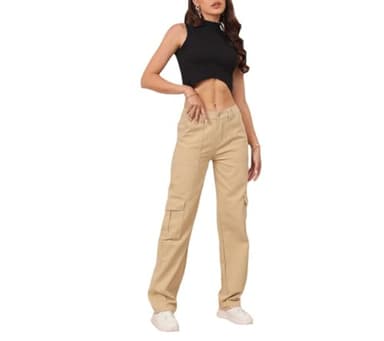THWEI Cargo Pants for Women High Waisted Casual Pants Y2K Streetwear with 6 Pockets Khaki Size Medium