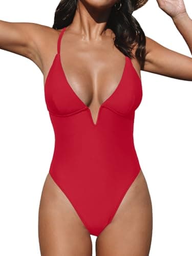 CUPSHE Women Swimsuit One Piece Bathing Suit Deep V Neck Crisscross Back Adjustable Strap, L Tomato Red