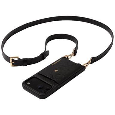 Bandolier Hailey Crossbody Wallet Phone Case for iPhone 17 Pro. 100% Genuine Pebble Leather with Gold Hardware. Adjustable & Removable Strap. Expandable Flip Card Holder. Black with Gold Hardware