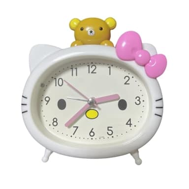 Fuxizest Cute Cat Alarm Clock, Kawaii Alarm Clock，Cartoon Cat Clock，Cute Clock，White with Pink Bow, Yellow Bear Topper, Kids Room Decor (White with Little Bear)