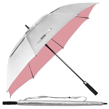 Fulynmen 62 Inch UPF 50+ Sun Umbrella UV Protection Large Golf Umbrella Windproof Double Canopy Vented Auto Open Silver/Pink