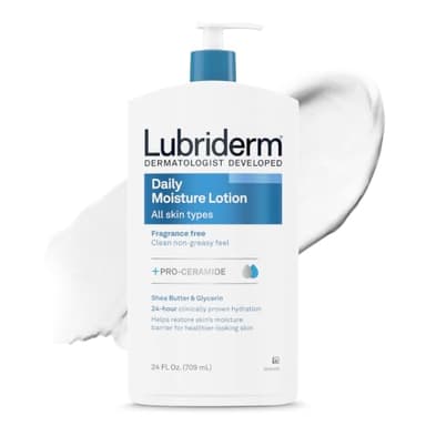 Lubriderm Fragrance Free Daily Moisture Body Lotion + Pro-Ceramide, Unscented Lotion, Body Lotion for Dry Skin, Shea Butter, Glycerin, Non-Greasy 24-Hour Moisturizer, Paraben & Dye Free, 24 Fl Oz