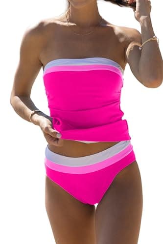 Beachsissi Bandeau Swimsuits for Women Strapless Swimwear Bathing Suits Tummy Control Color Block Tankini Sets, Rose Red, M
