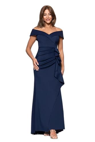 Xscape Women's Long Off The Shoulder Sweetheart Neck Side Ruffle Gown (Reg and Petite), Midnight, 12