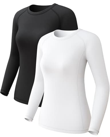 2 Pack Women's Long Sleeve Compression Shirts, Cool Dry Workout Athletic Tops Sun Protection Cooling Shirts for Yoga Running Hiking Gym Black/White Large
