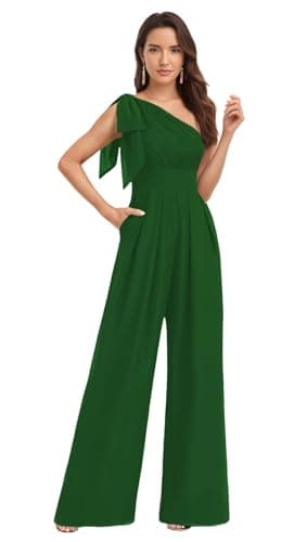 Teinyeyiop One Shoulder Mother of The Bride Pantsuits for Wedding Chiffon Ruffles Zipper Mother of The Bride Jumpsuits Emerald Green