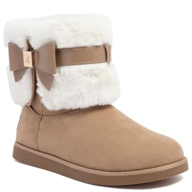 Juicy Couture Women’s Kiernan Winter Boots – Faux Fur Lined Microsuede Ankle Booties with Bow Strap and Memory Foam Comfort-Kiernan-Natural Gold-9